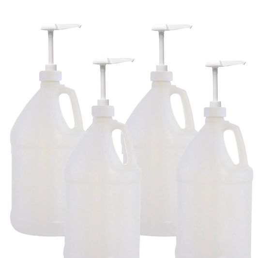 Four white plastic jugs with handles on a white background with white pumps