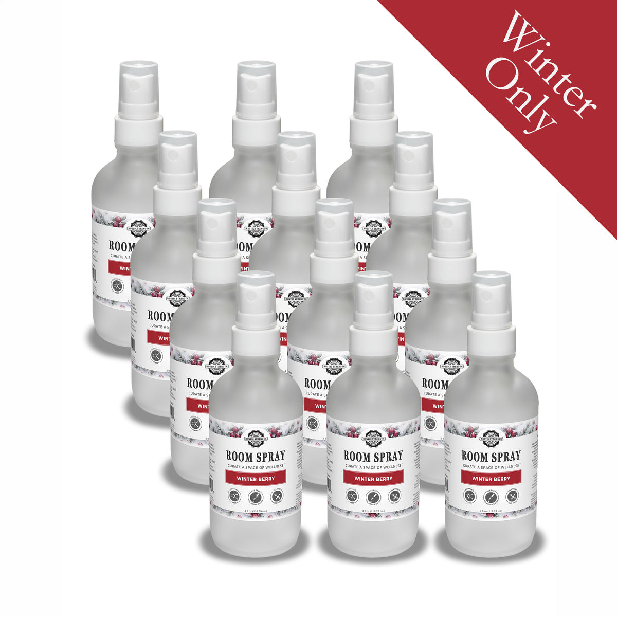 Rustic Strength, Room Spray, 4oz, Glass with spray top, Winter Berry, 12 pack with Winter Only badge