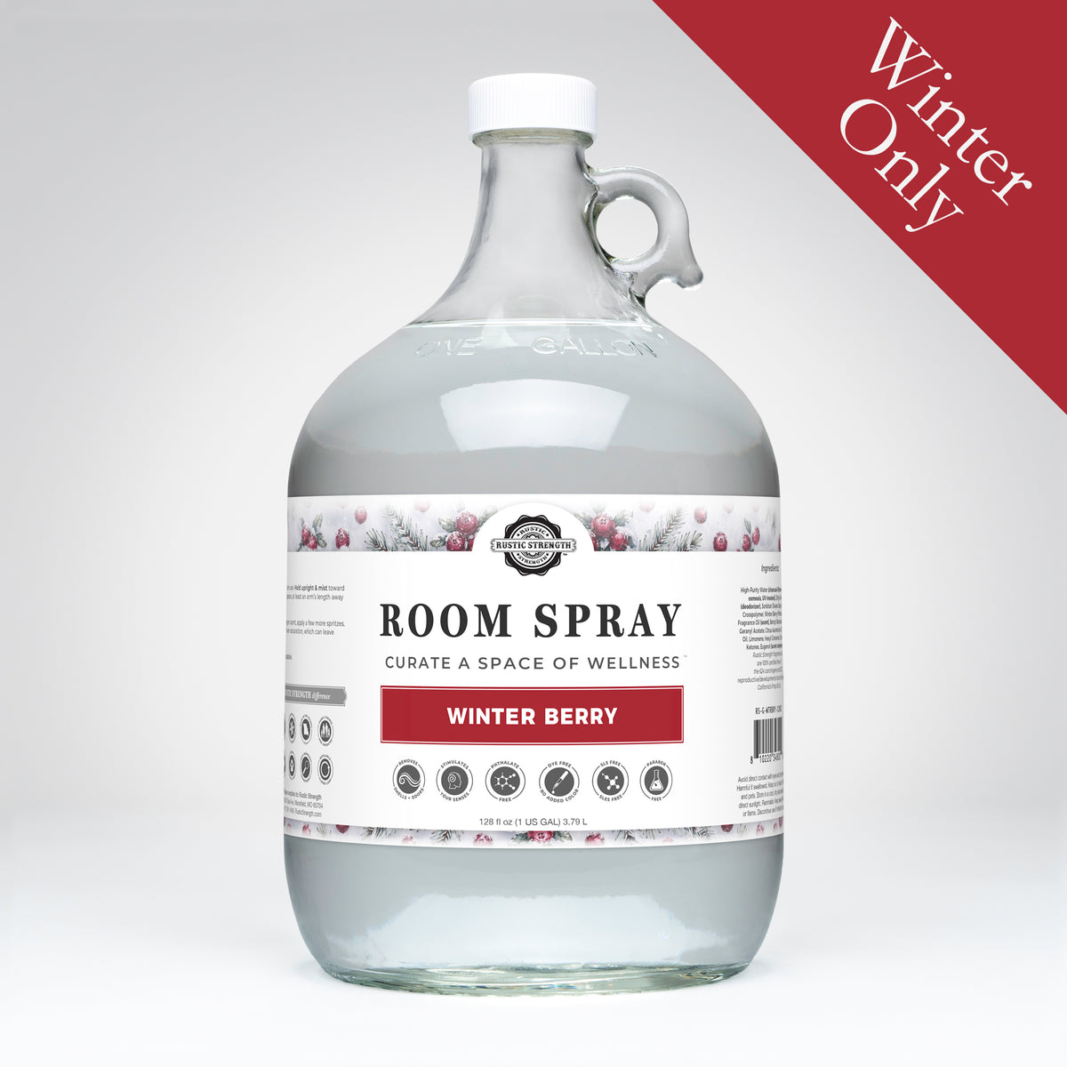 Rustic Strength, Room Spray, 1 Gallon Glass Jug, Winter Berry, with Winter Only badge
