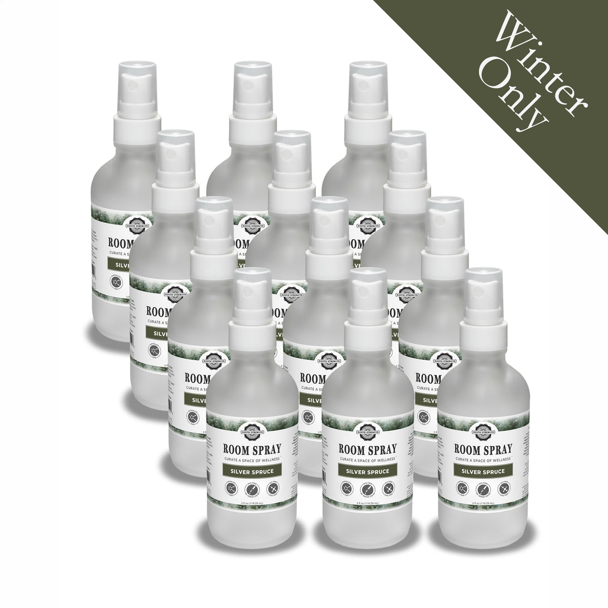 Rustic Strength, Room Spray, 4oz, Glass Bottle with spray top, Silver Spruce, 12 pack, with Winter only badge
