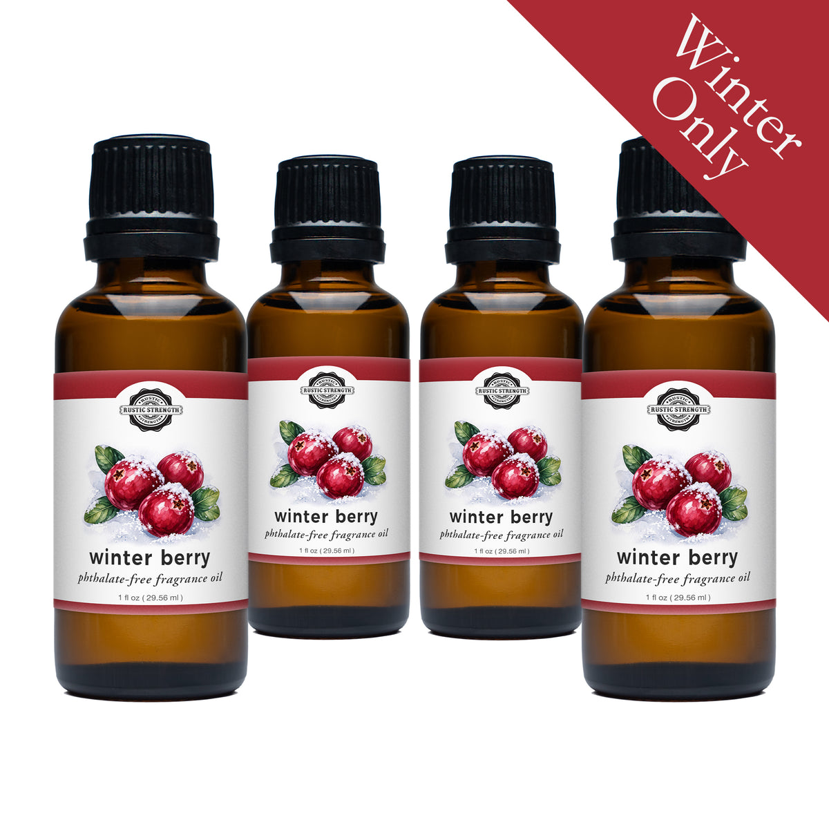 Rustic Strength, Phthalate-Free Fragrance Oil, 1oz, Amber Glass, 4 pack, Winter Berry, with Winter Only badge