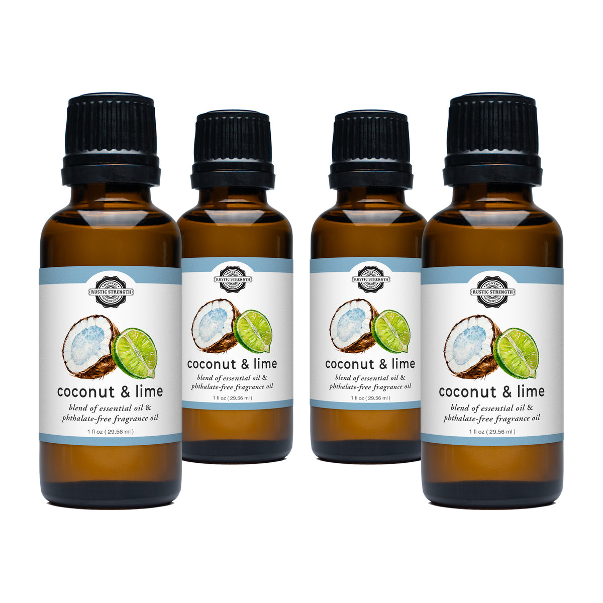 Rustic Strength, Phthalate Free Fragrance Oil & Essential Oil Blend, 1 oz Glass Vial, Coconut Lime, 4 pack pictured on neutral background