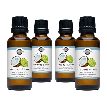 Rustic Strength, Phthalate Free Fragrance Oil & Essential Oil Blend, 1 oz Glass Vial, Coconut Lime, 4 pack pictured on neutral background