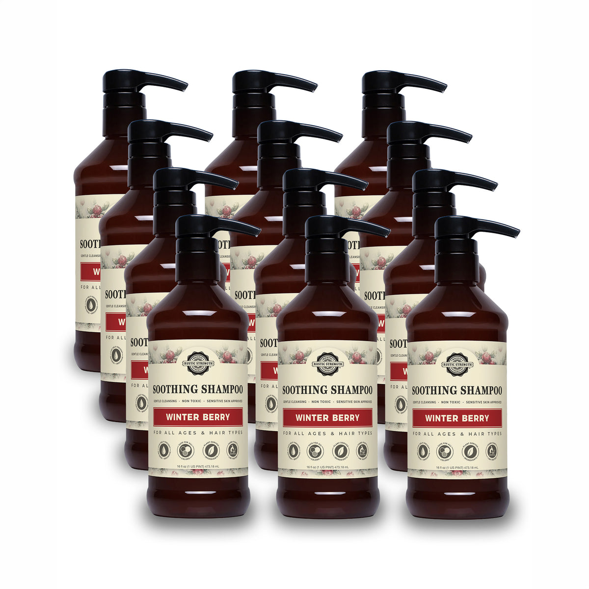 Rustic Strength, Soothing Shampoo, 16oz, Amber Plastic bottle with pump, Winter Berry, 12 pack