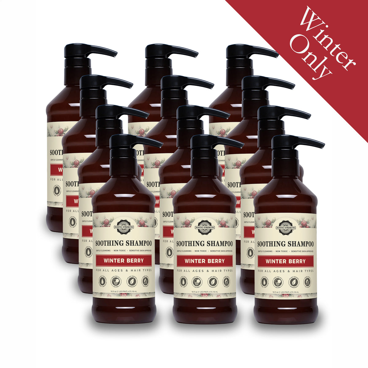 Rustic Strength, Soothing Shampoo, 16oz, Amber Plastic bottle with pump, Winter Berry, 12 pack, with Winter Only badge
