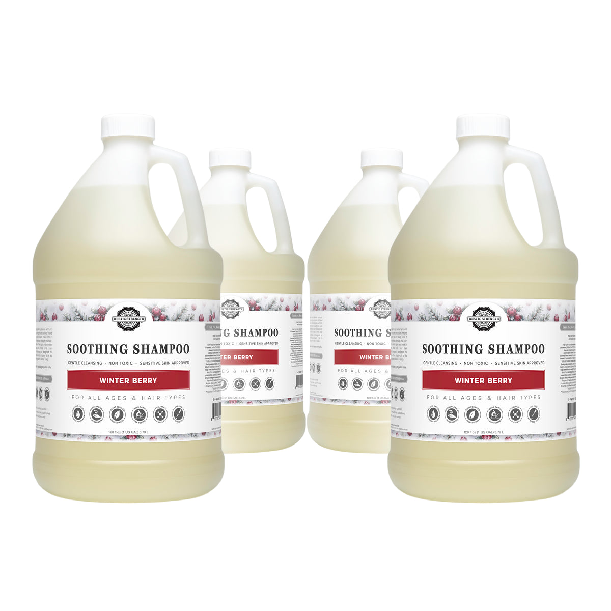 Rustic Strength, Soothing Shampoo, 4 - 1 Gallon Plastic Jugs, Winter Berry