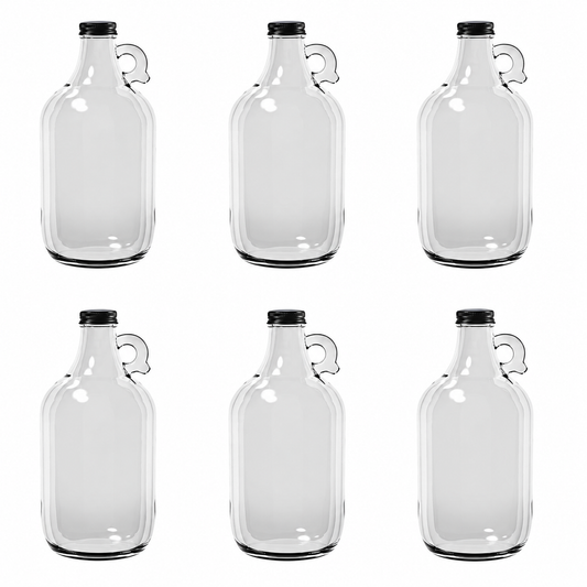 Rustic Strength, Half Gallon, 6 Glass jugs with black metal caps on a white background