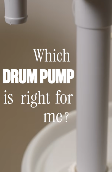 Rustic Strength, Graphic image with close up of a white drum pump on a drum. The caption reads, "Which Drum Pump is right for me?"
