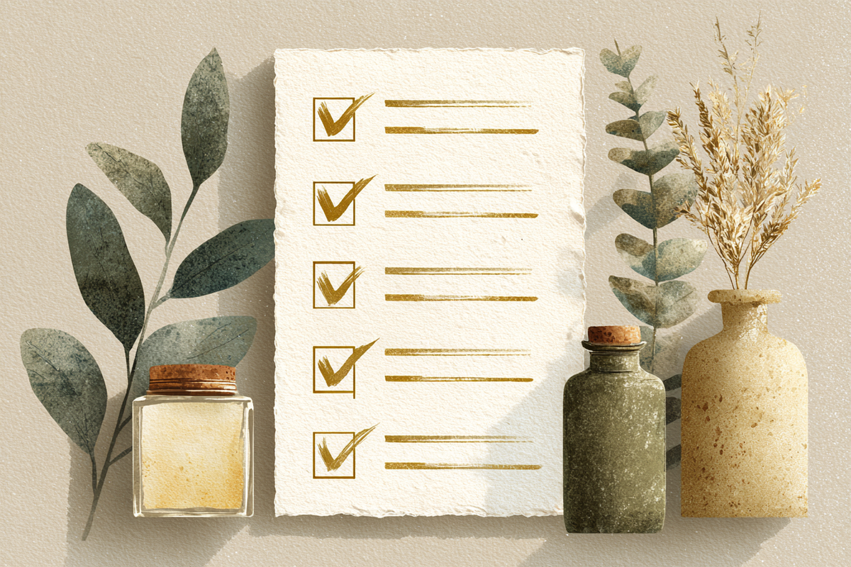 Rustic Strength, illustrative image of Checklist with gold ticks on a whiteboard surrounded by decorative items like plants and jars.