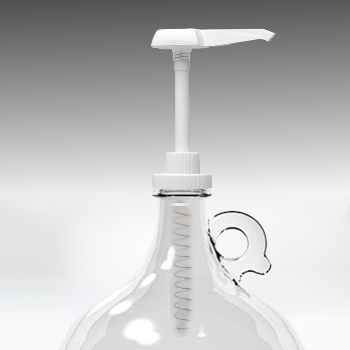 Rustic Strength, Pump for 1 Gallon Glass or Plastic Jugs, White pump pictured on a 1 Gallon Glass Jug with only the top of the jug and handle in view
