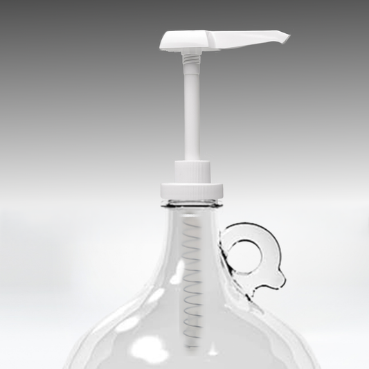 Rustic Strength, Pump for 1 Gallon Glass or Plastic Jugs, White pump pictured on a 1 Gallon Glass Jug with only the top of the jug and handle in view