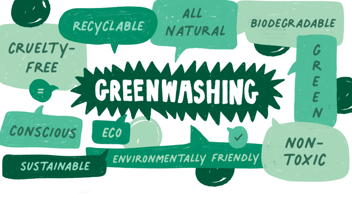 Rustic Strength, Illustration of greenwashing with various green-themed words and phrases.
