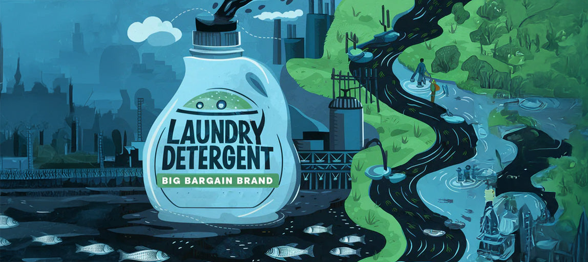 Rustic Strength, Illustrative image in ominous blue-green depicting Big Brand Laundry Detergent in a black polluted river