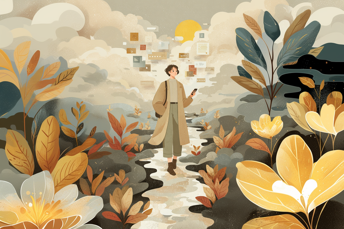 Rustic Strength, Illustrative image Person walking along a path holding a cellphone with autumn foliage and buildings in the background