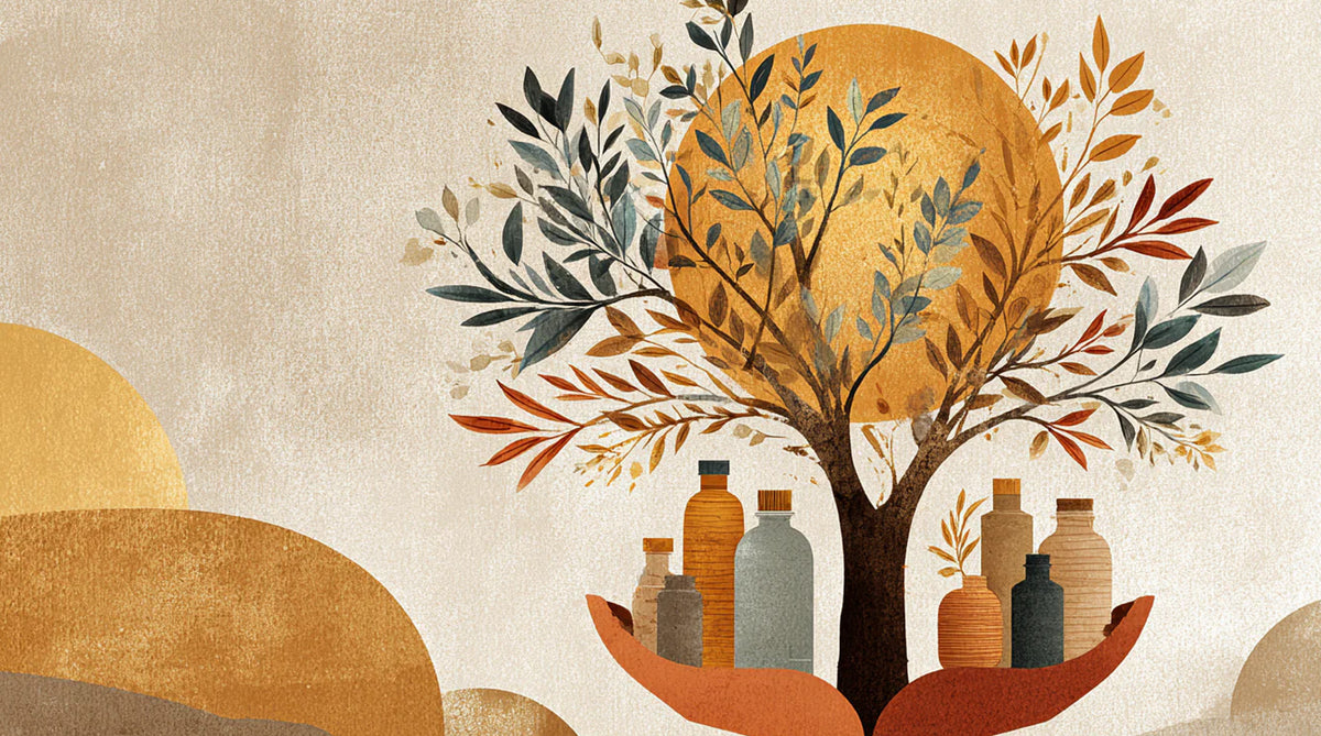 Rustic Strength, Illustration of a tree with fruits and bottles against a beige background