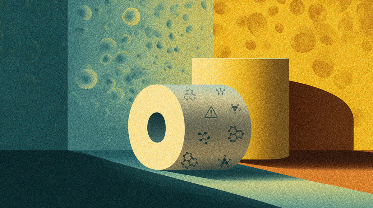 Rustic Strength, Roll of toilet paper with a geometric pattern on a multicolored background