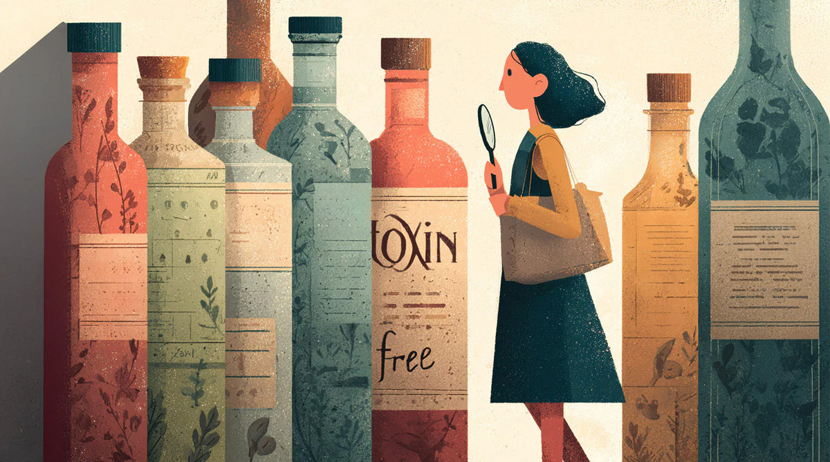 Rustic Strength, Illustration of a woman holding a magnifying glass among various bottles with a prominent 'Loxin' bottle.
