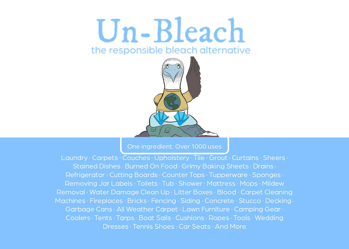 Rustic Strength, Un-Bleach product packaging with a cartoon bird and text on a white background